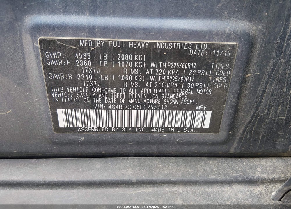 2014 SUBARU OUTBACK 2.5I PREMIUM VIN: 4S4BRCCC5E3255413
