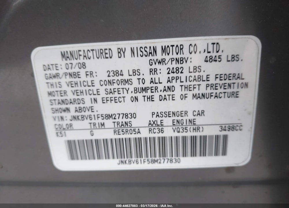2008 INFINITI G35X VIN: JNKBV61F58M277830