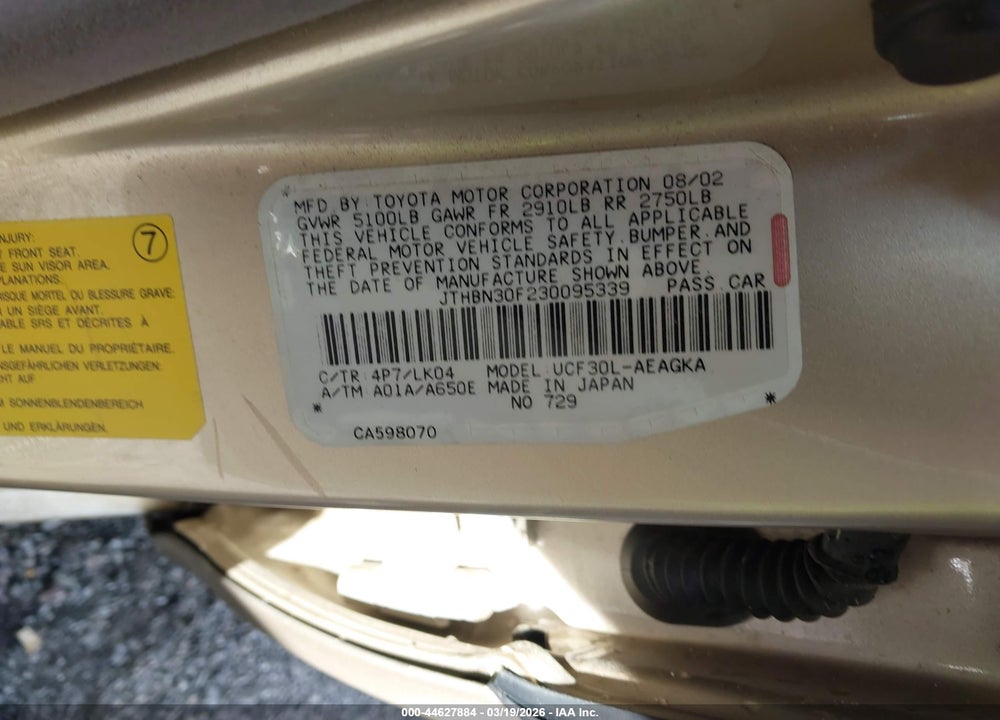 2003 LEXUS LS 430 VIN: JTHBN30F230095339