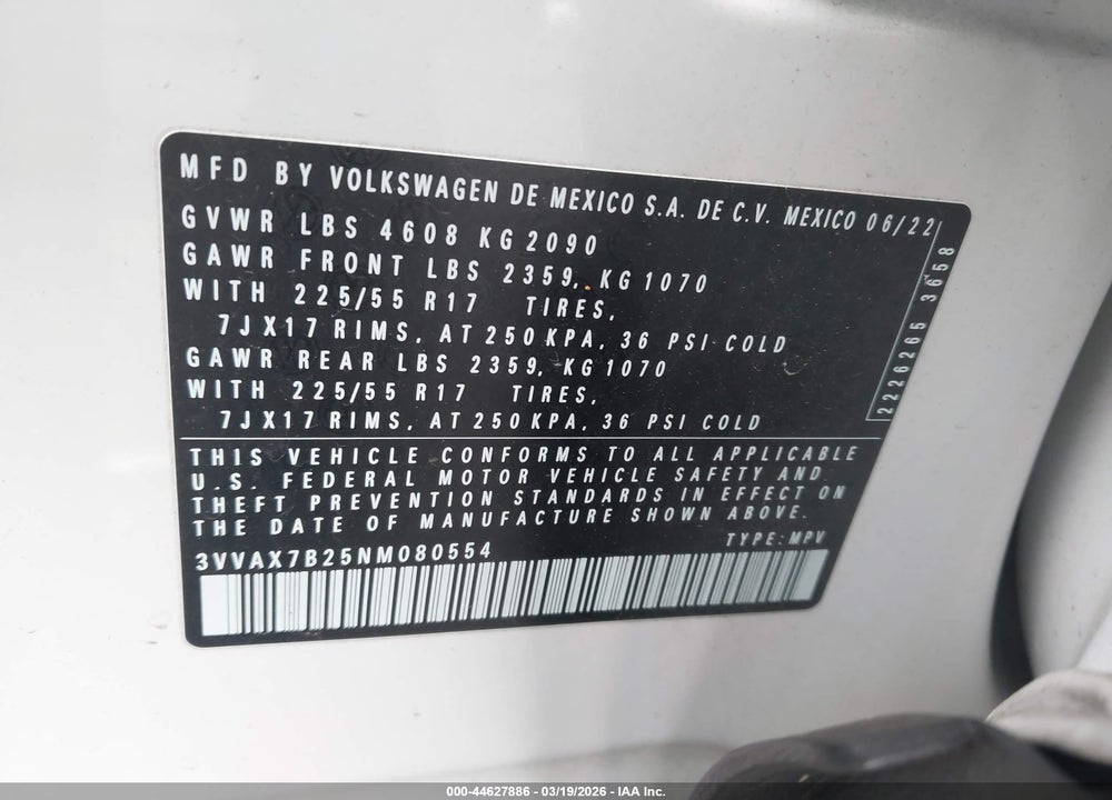 2022 VOLKSWAGEN TAOS 1.5T S VIN: 3VVAX7B25NM080554