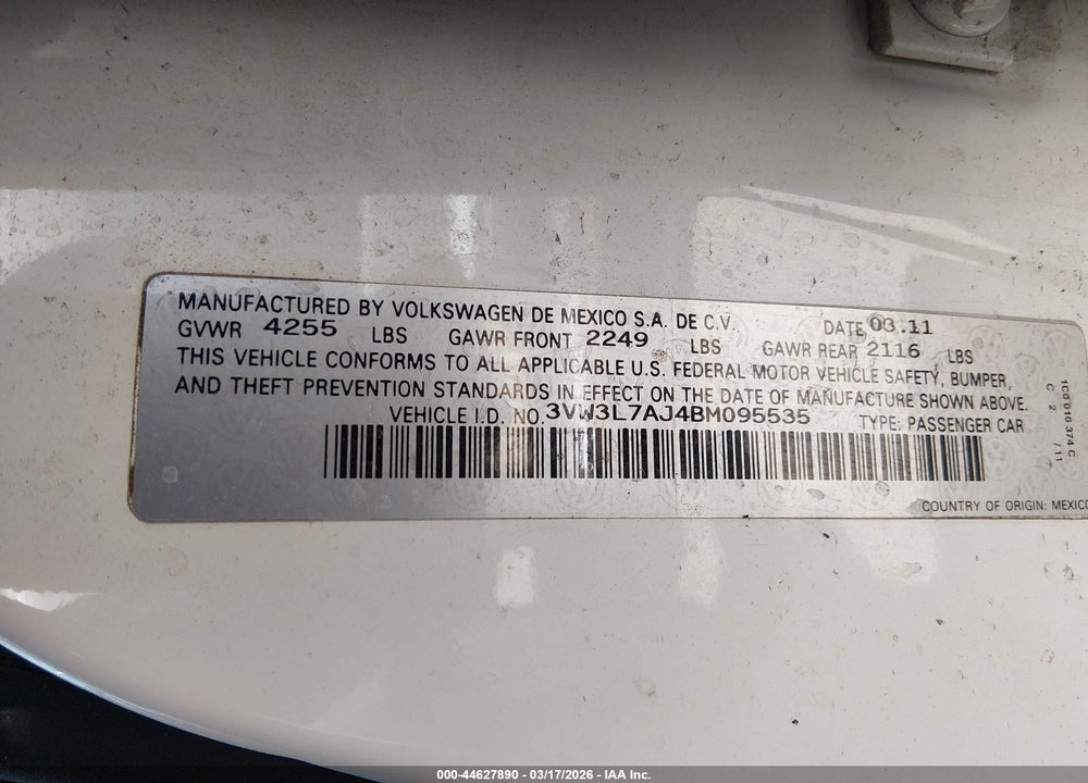 2011 VOLKSWAGEN JETTA 2.0L TDI VIN: 3VW3L7AJ4BM095535