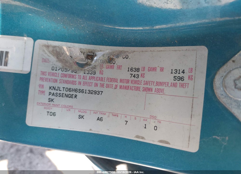 1995 FORD ASPIRE VIN: KNJLT06H6S6132937