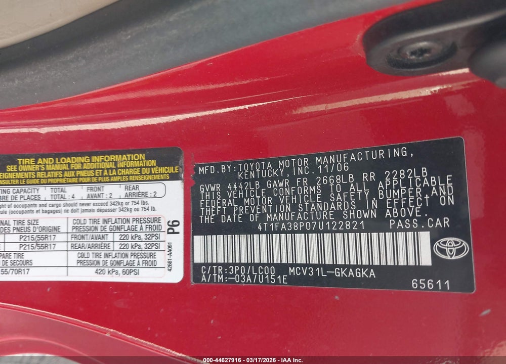 2007 TOYOTA CAMRY SOLARA SLE VIN: 4T1FA38P07U122821