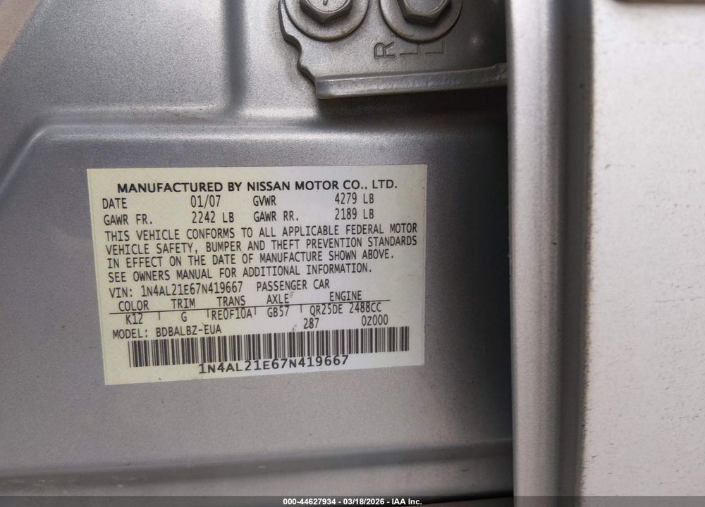 2007 NISSAN ALTIMA 2.5 S VIN: 1N4AL21E67N419667