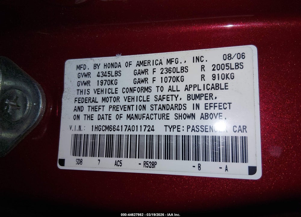 2007 HONDA ACCORD 3.0 SE VIN: 1HGCM66417A011724