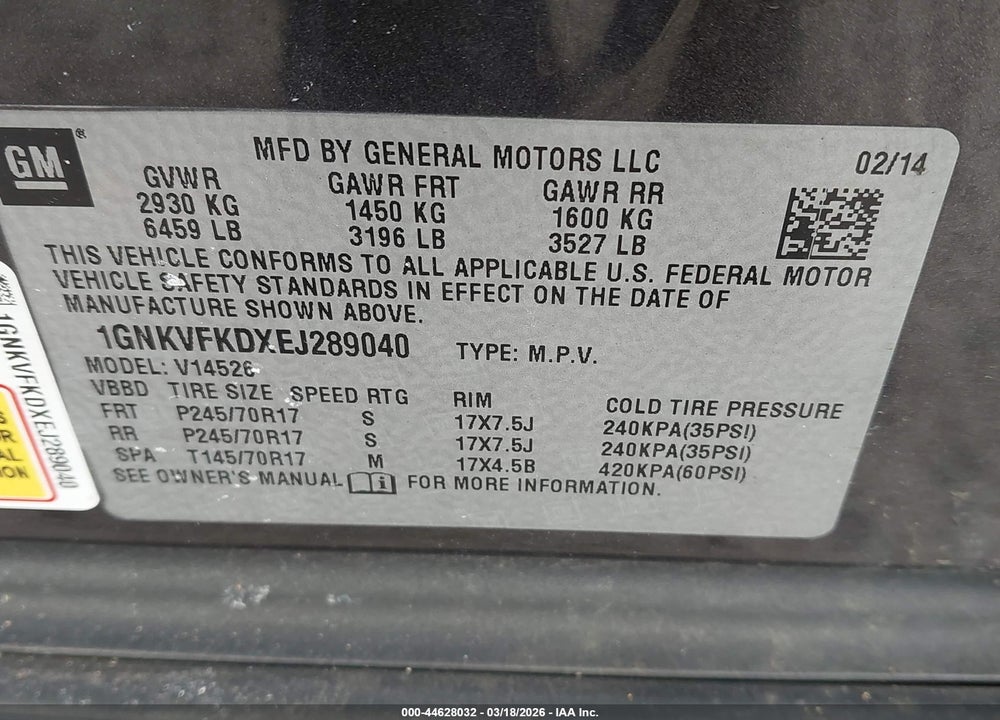 2014 CHEVROLET TRAVERSE LS VIN: 1GNKVFKDXEJ289040