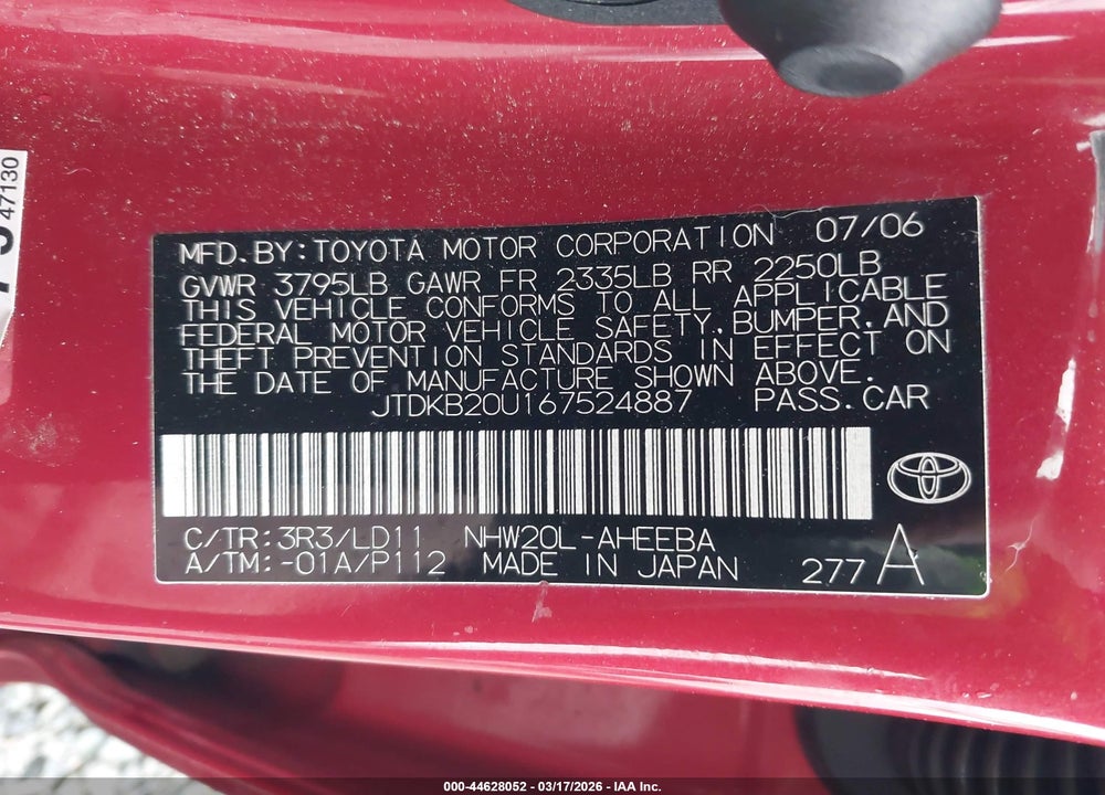 2006 TOYOTA PRIUS VIN: JTDKB20U167524887