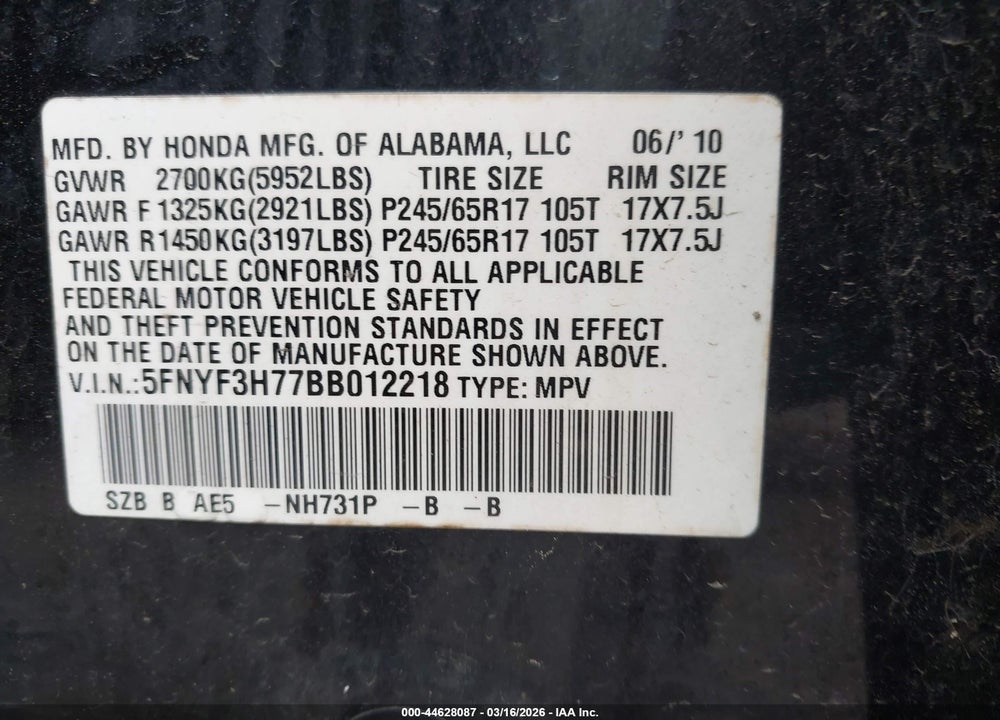2011 HONDA PILOT EX-L VIN: 5FNYF3H77BB012218