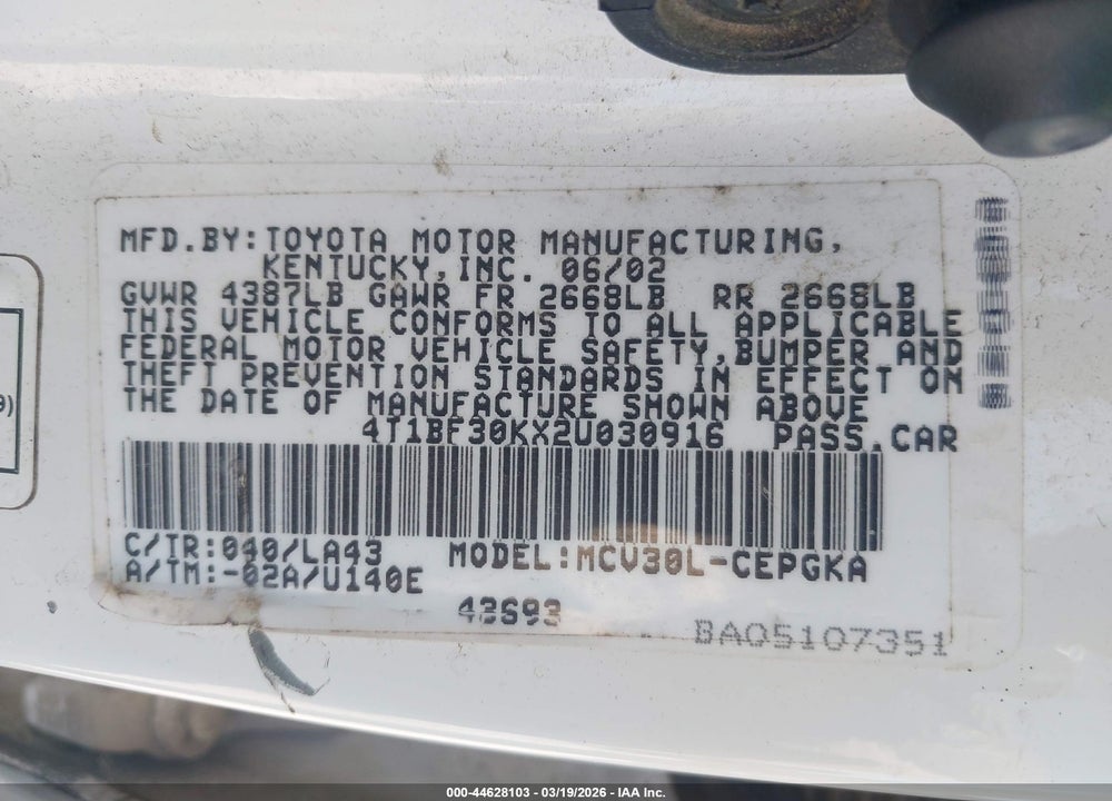 2002 TOYOTA CAMRY XLE V6 VIN: 4T1BF30KX2U030916