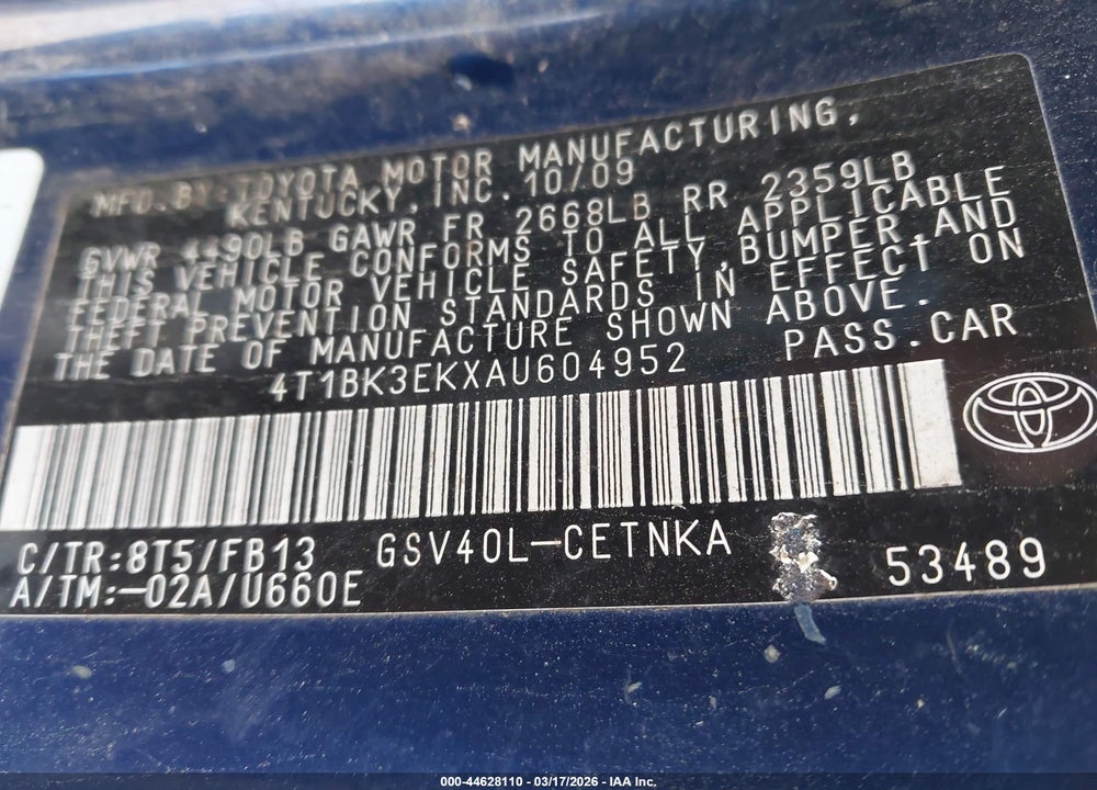 2010 TOYOTA CAMRY LE V6 VIN: 4T1BK3EKXAU604952