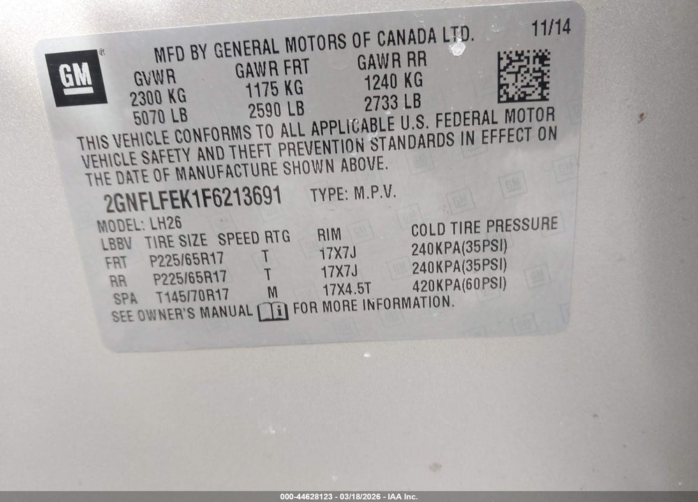 2015 CHEVROLET EQUINOX 1LT VIN: 2GNFLFEK1F6213691