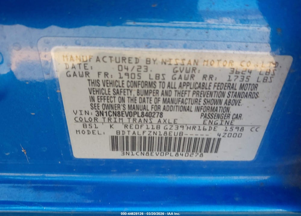 2023 NISSAN VERSA 1.6 SV XTRONIC CVT VIN: 3N1CN8EV0PL840278
