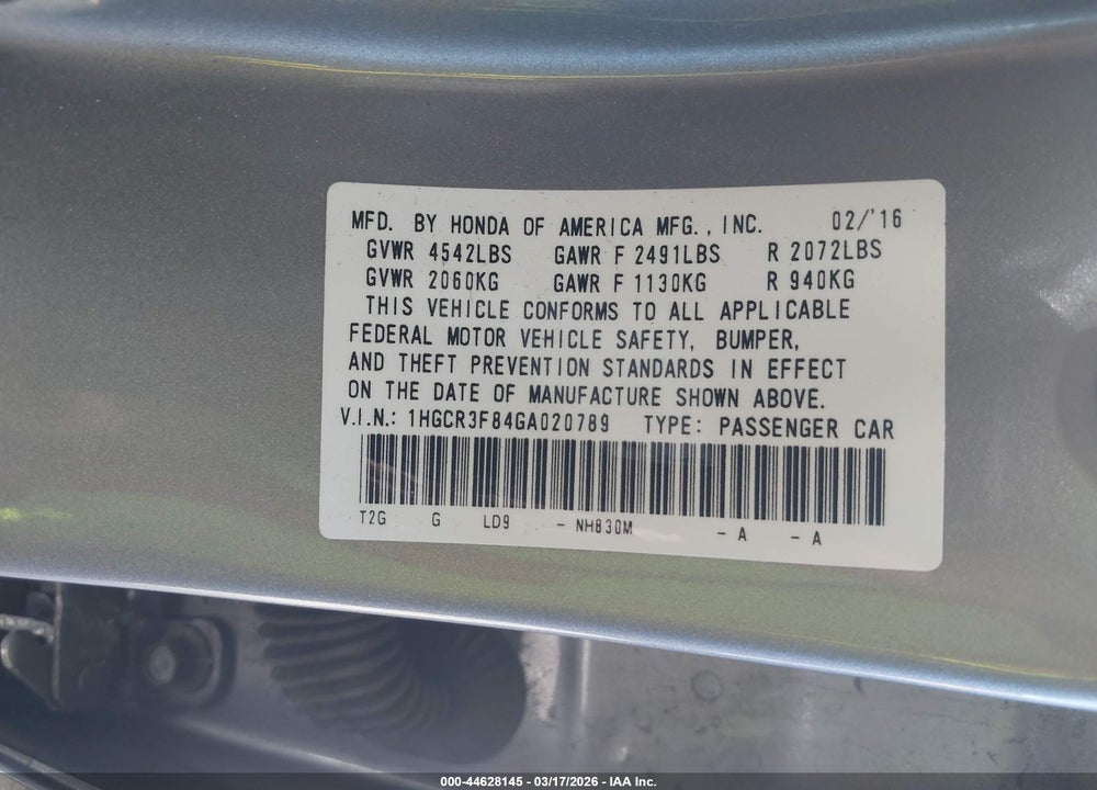 2016 HONDA ACCORD EX-L V-6 VIN: 1HGCR3F84GA020789