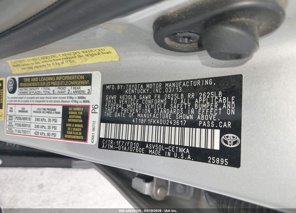 2013 TOYOTA CAMRY LE VIN: 4T1BF1FK4DU243617