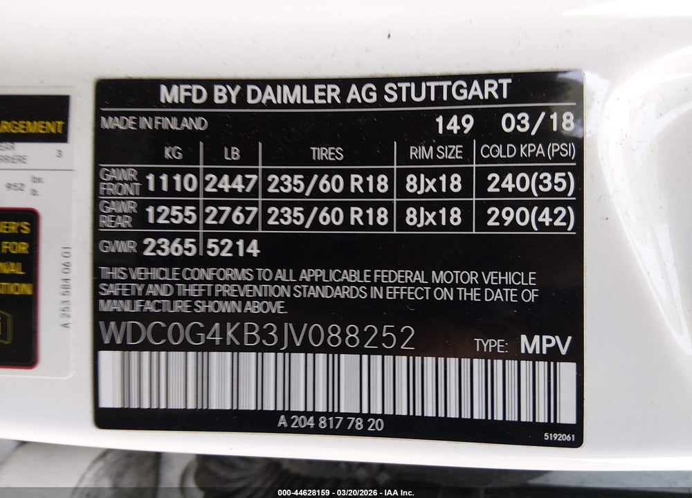 2018 MERCEDES-BENZ GLC 300 4MATIC VIN: WDC0G4KB3JV088252