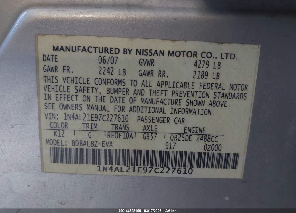 2007 NISSAN ALTIMA 2.5 S VIN: 1N4AL21E97C227610