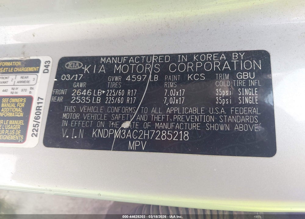 2017 KIA SPORTAGE LX VIN: KNDPM3AC2H7285218