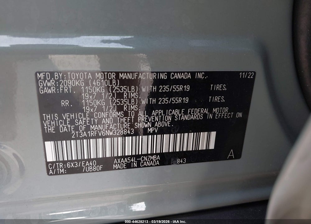 2022 TOYOTA RAV4 XLE PREMIUM VIN: 2T3A1RFV6NW328843