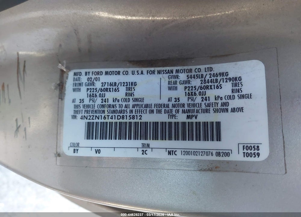 2001 NISSAN QUEST SE VIN: 4N2ZN16T41D815812