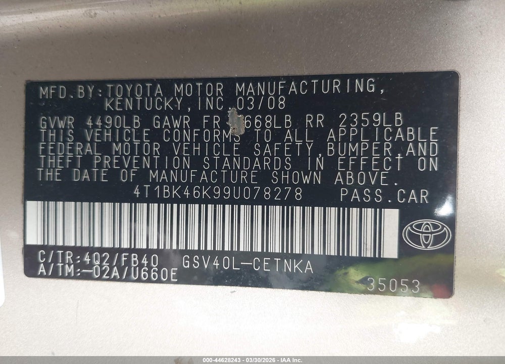 2009 TOYOTA CAMRY LE V6 VIN: 4T1BK46K99U078278