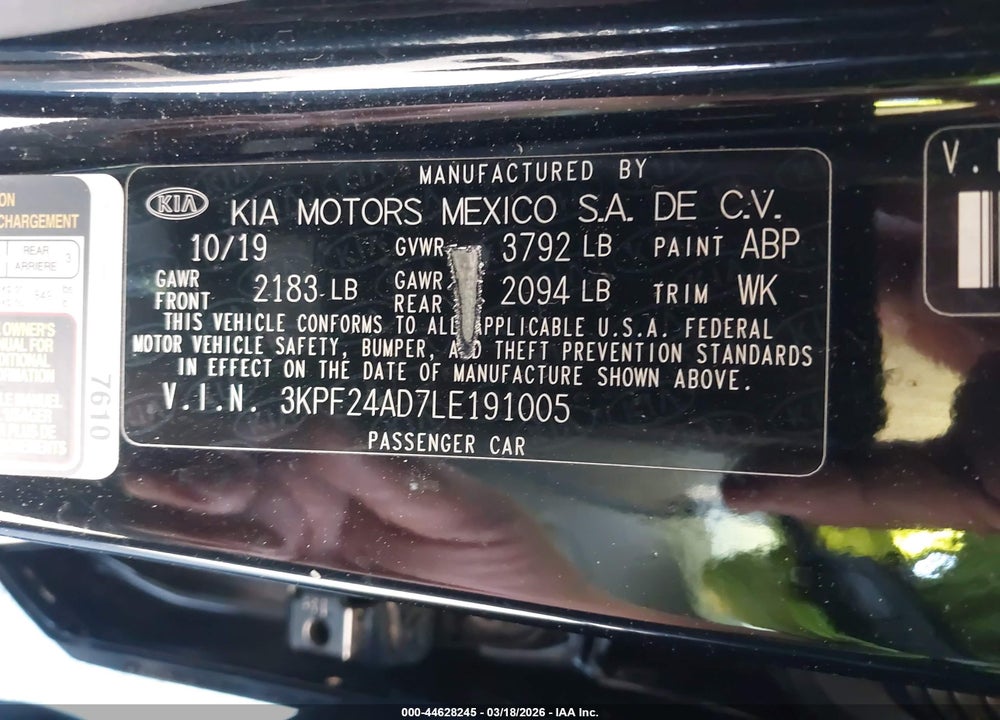 2020 KIA FORTE LXS VIN: 3KPF24AD7LE191005