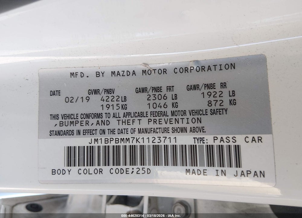 2019 MAZDA 3 PREFERRED PACKAGE VIN: JM1BPBMM7K1123711