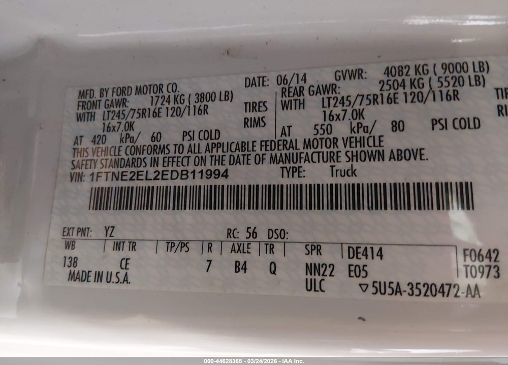 2014 FORD E-250 COMMERCIAL VIN: 1FTNE2EL2EDB11994