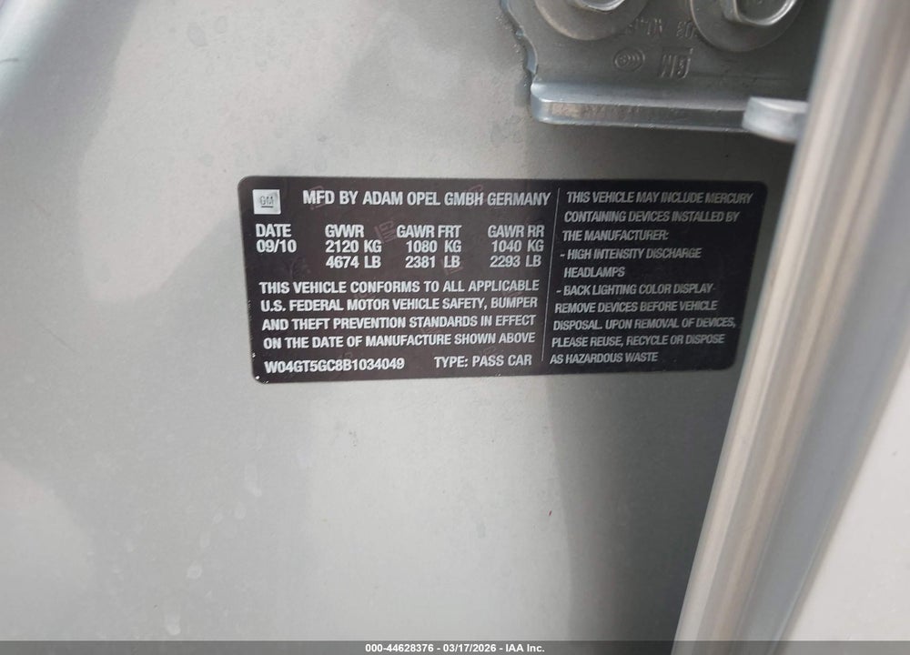 2011 BUICK REGAL CXL RUSSELSHEIM VIN: W04GT5GC8B1034049