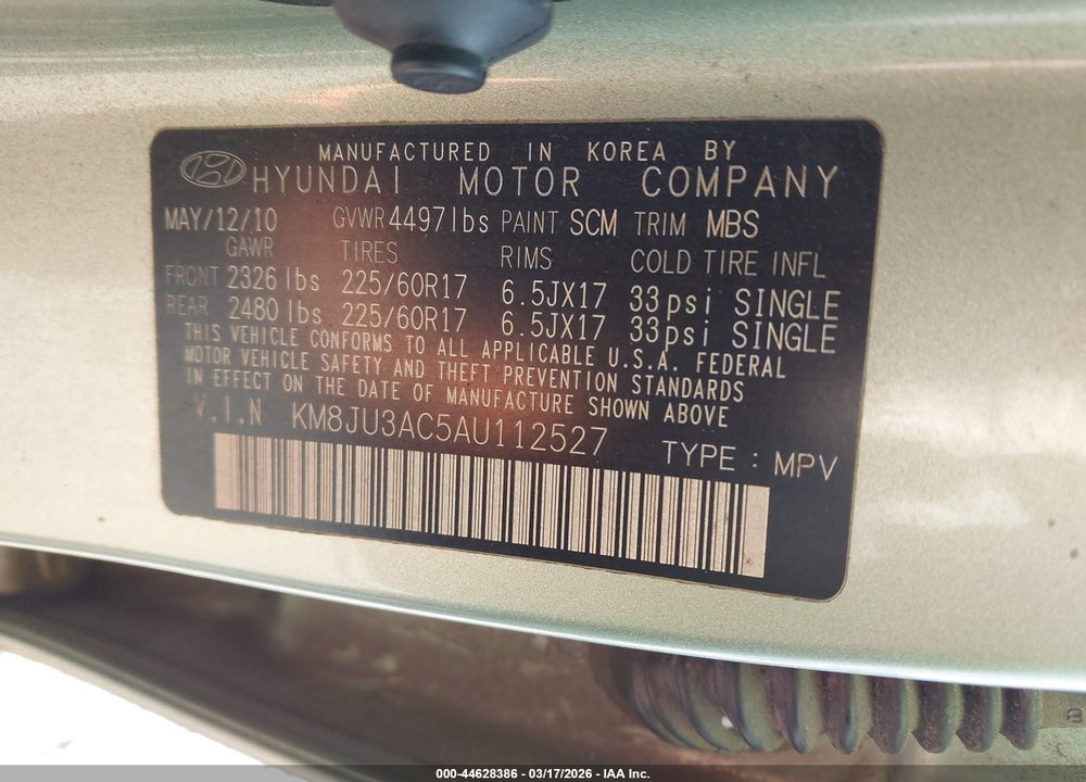 2010 HYUNDAI TUCSON GLS VIN: KM8JU3AC5AU112527