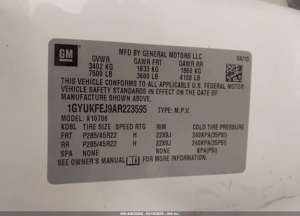 2010 CADILLAC ESCALADE HYBRID PLATINUM EDITION VIN: 1GYUKFEJ9AR223595
