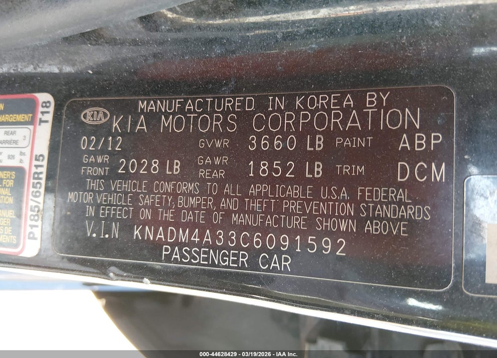 2012 KIA RIO LX VIN: KNADM4A33C6091592