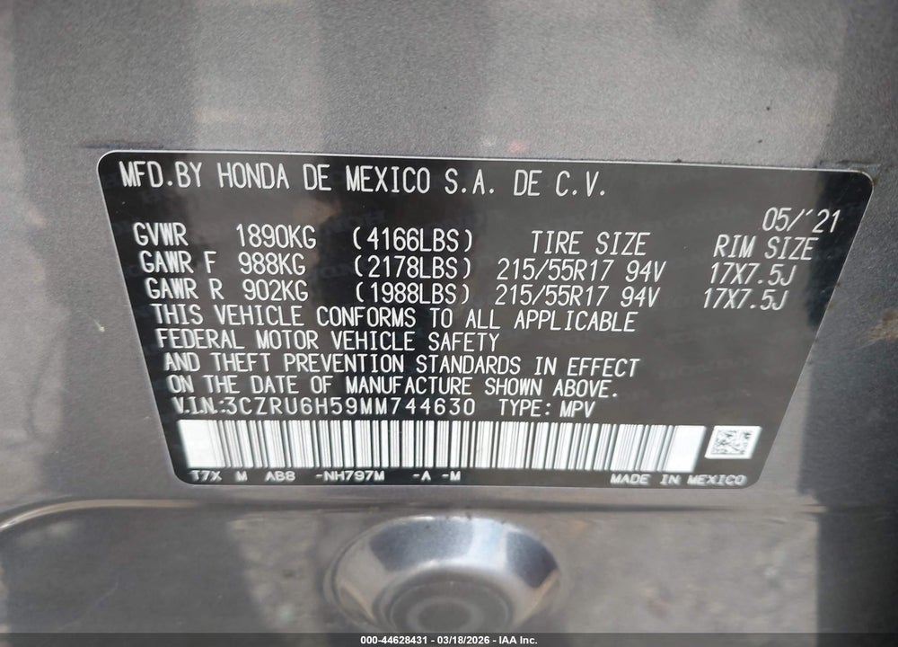 2021 HONDA HR-V AWD EX VIN: 3CZRU6H59MM744630