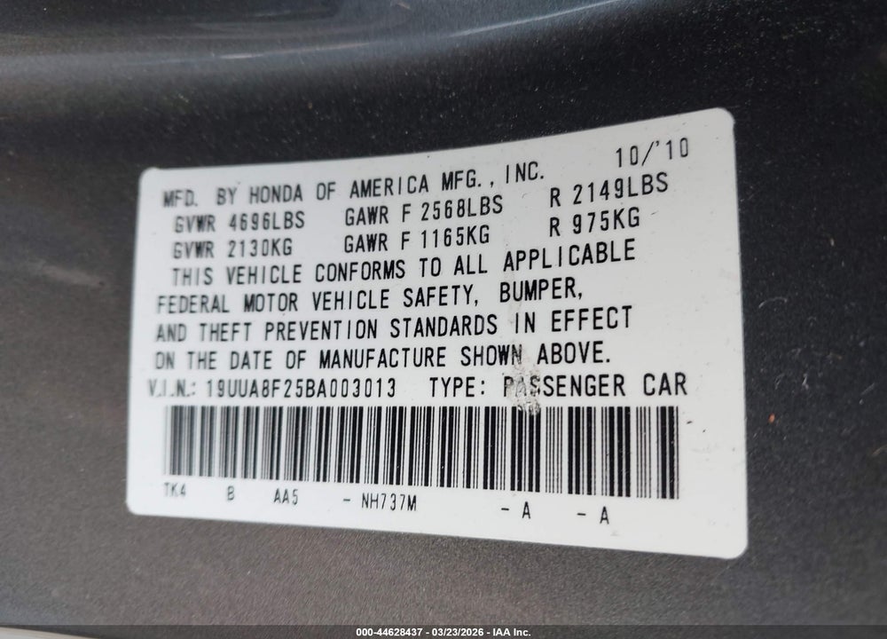 2011 ACURA TL 3.5 VIN: 19UUA8F25BA003013