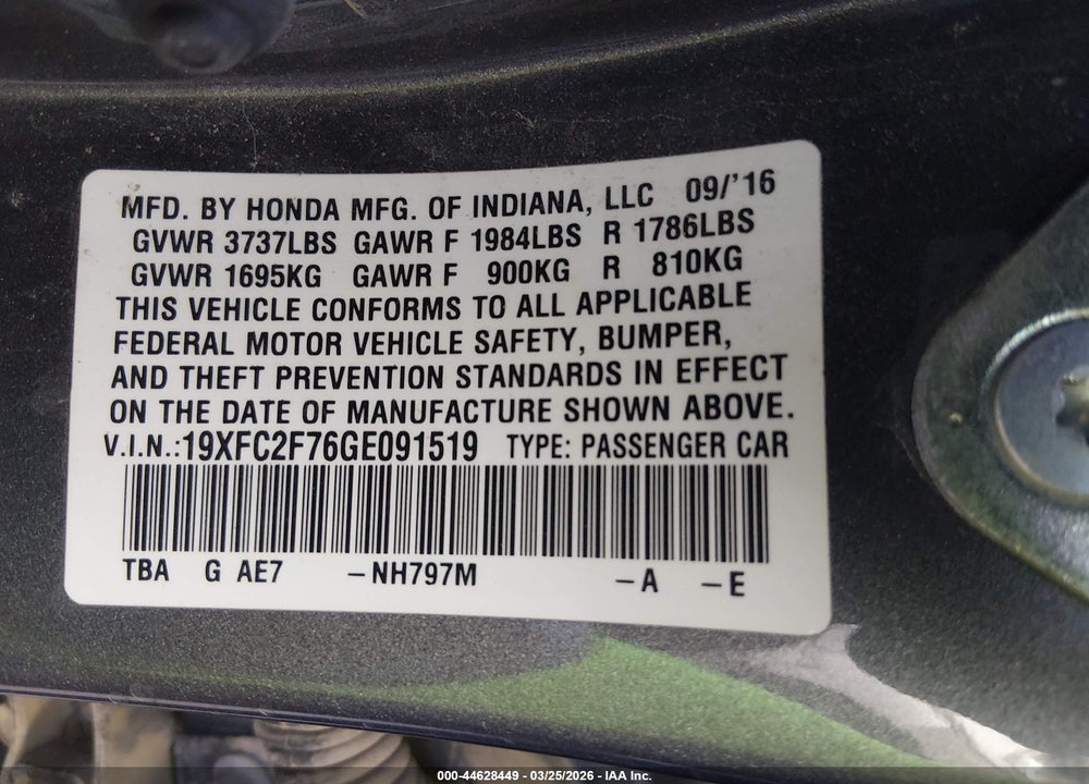 2016 HONDA CIVIC EX VIN: 19XFC2F76GE091519
