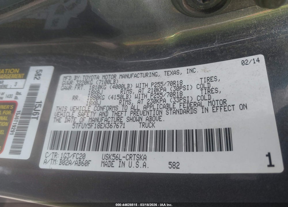 2014 TOYOTA TUNDRA SR5 5.7L V8 VIN: 5TFUY5F18EX367671