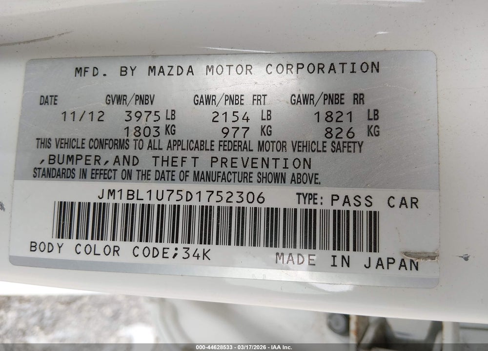 2013 MAZDA 3 I SPORT VIN: JM1BL1U75D1752306