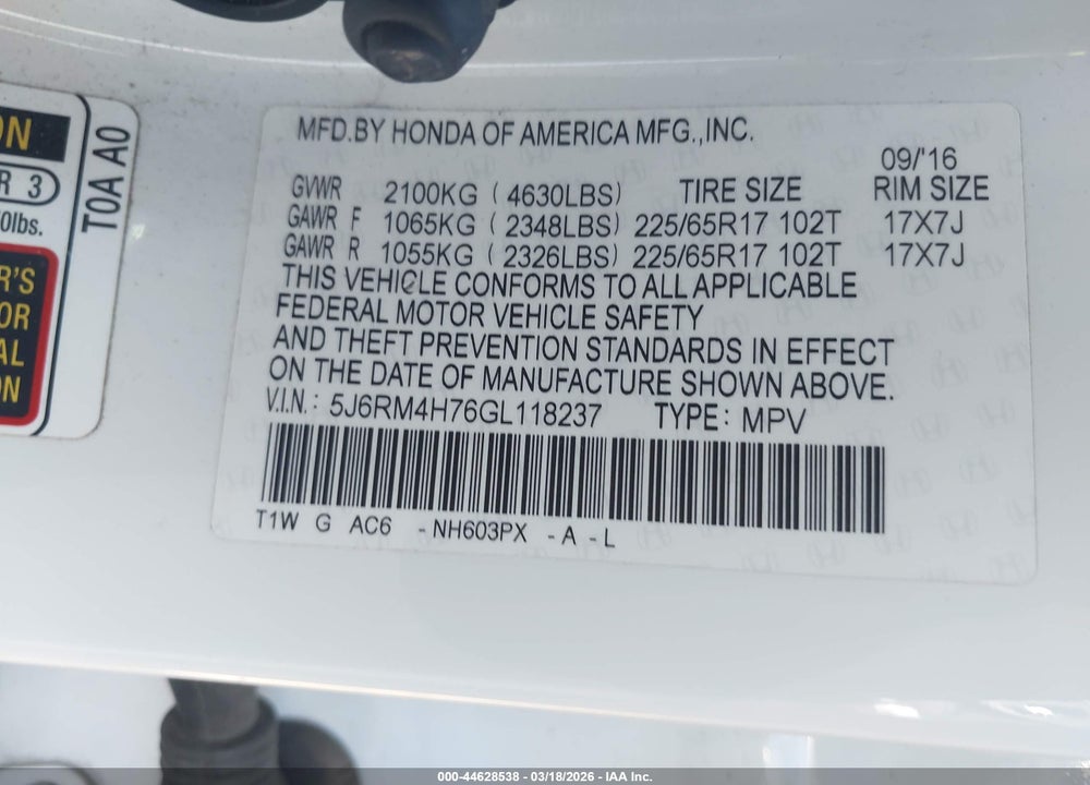 2016 HONDA CR-V EX-L VIN: 5J6RM4H76GL118237