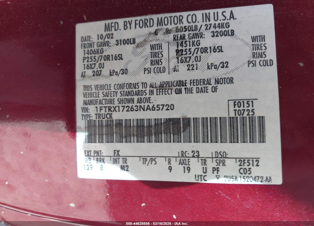 2003 FORD F-150 XL/XLT VIN: 1FTRX17263NA65720