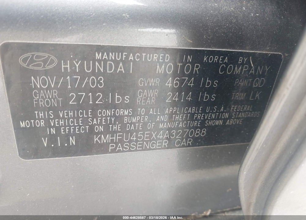 2004 HYUNDAI XG350 L VIN: KMHFU45EX4A327088