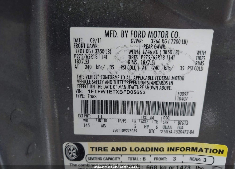 2011 FORD F-150 XLT VIN: 1FTFW1ETXBFD05653