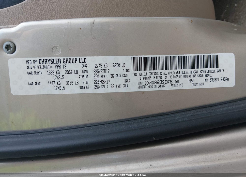 2013 DODGE GRAND CARAVAN SE VIN: 2C4RDGBG8DR733438