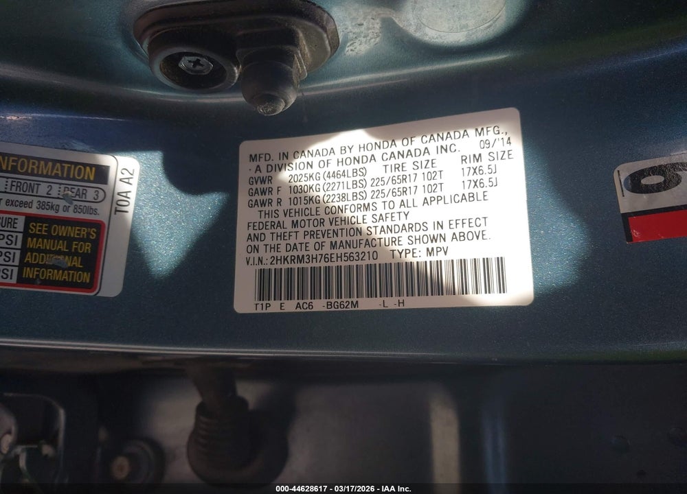 2014 HONDA CR-V EX-L VIN: 2HKRM3H76EH563210