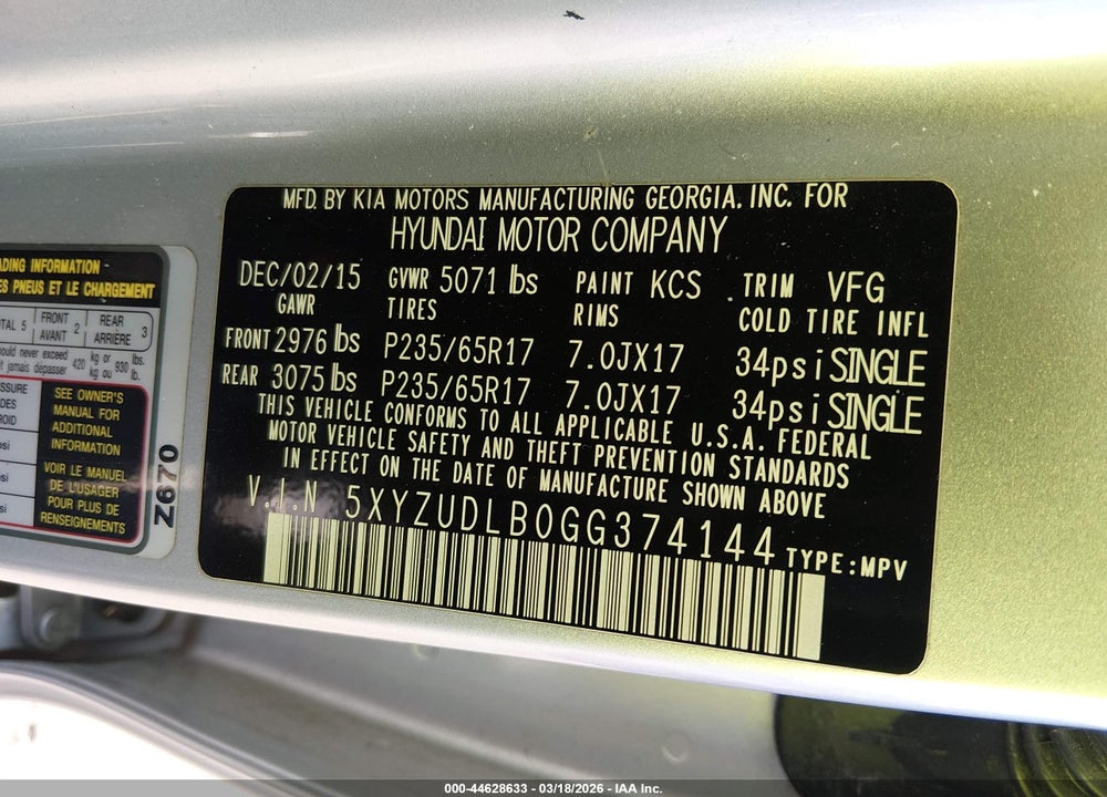 2016 HYUNDAI SANTA FE SPORT 2.4L VIN: 5XYZUDLB0GG374144