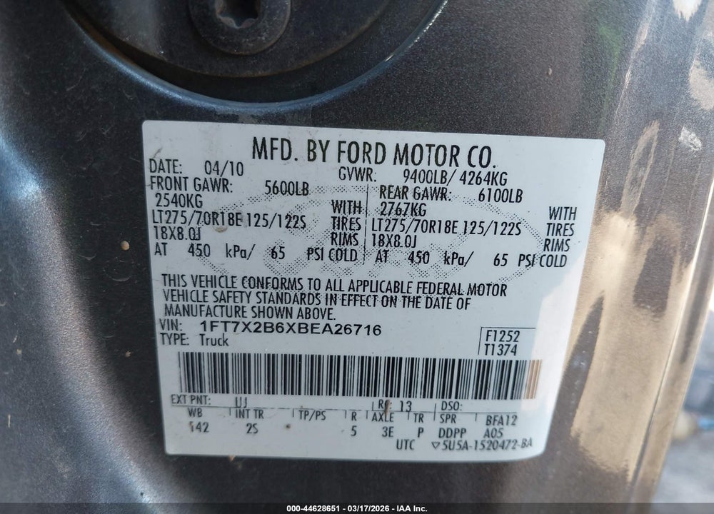 2011 FORD F-250 XLT VIN: 1FT7X2B6XBEA26716