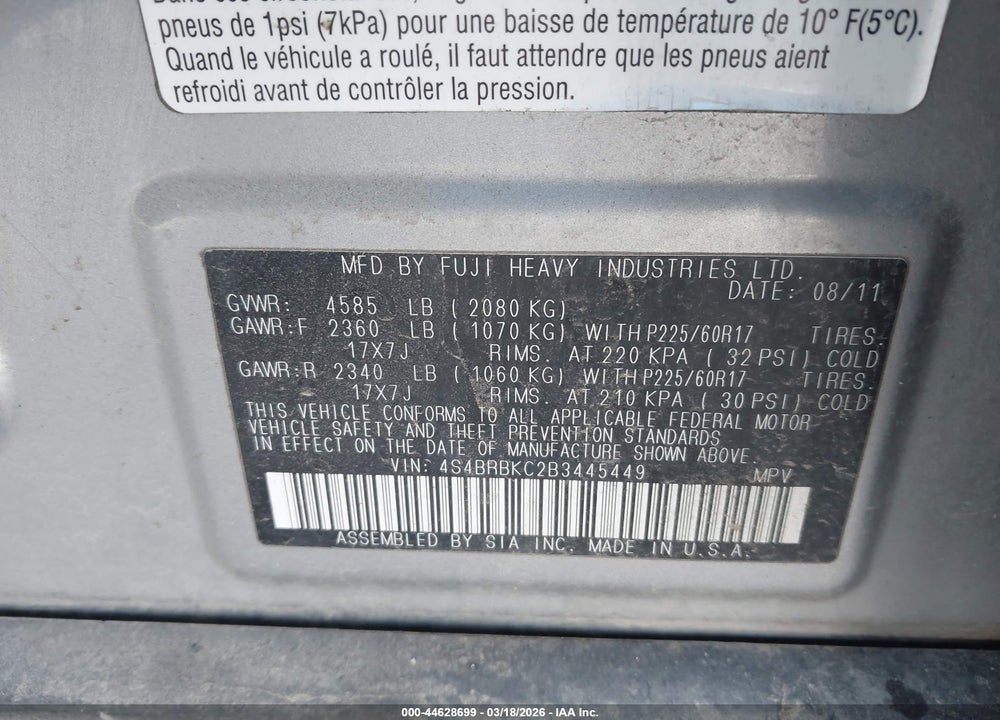 2011 SUBARU OUTBACK 2.5I LIMITED VIN: 4S4BRBKC2B3445449