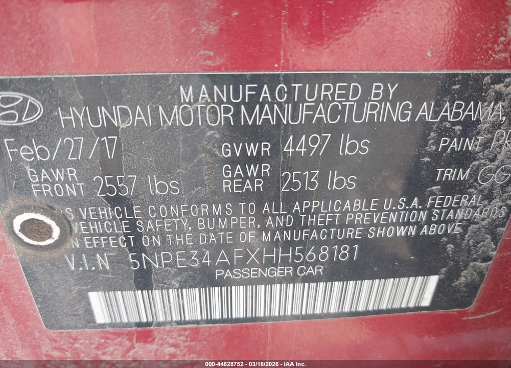 2017 HYUNDAI SONATA SPORT VIN: 5NPE34AFXHH568181