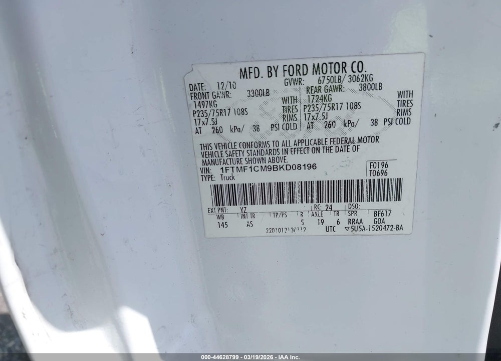 2011 FORD F-150 XL VIN: 1FTMF1CM9BKD08196