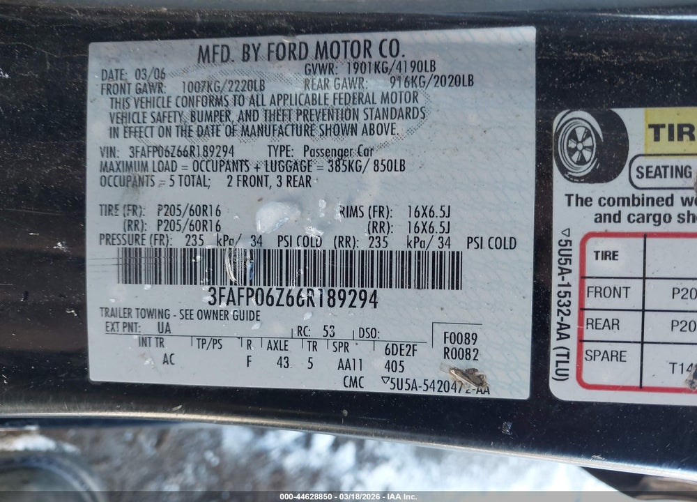 2006 FORD FUSION S VIN: 3FAFP06Z66R189294