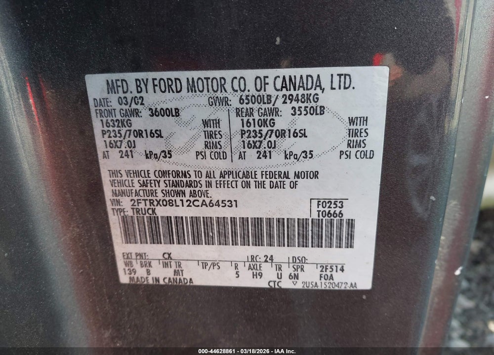 2002 FORD F-150 LARIAT/XL/XLT VIN: 2FTRX08L12CA64531