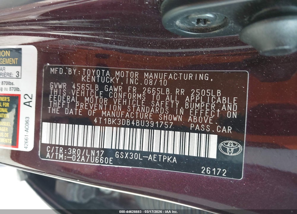2011 TOYOTA AVALON LIMITED VIN: 4T1BK3DB4BU391757